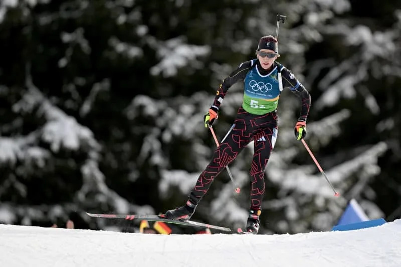 Germany's Franziska Preuss on the track during the 4 x 6 kilometers Women's Relay biathlon competition during the 2026 Winter Olympic Games Milan-Cortina. Hendrik Schmidt/dpa