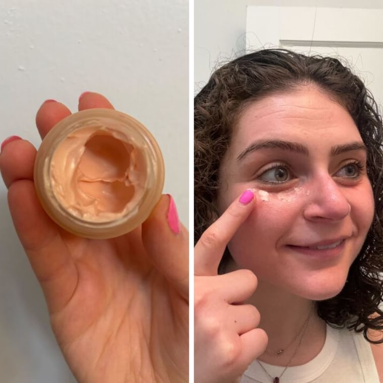Split image of woman applying eye cream and the eye cream in a tub