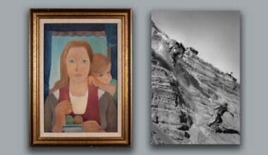 An oil self portrait of a woman and a child. A photo of a man and a horse running down a steep bank.