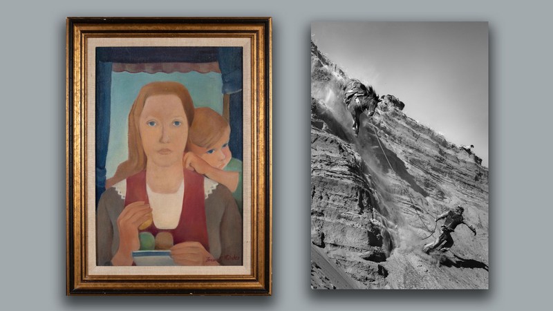 An oil self portrait of a woman and a child. A photo of a man and a horse running down a steep bank.