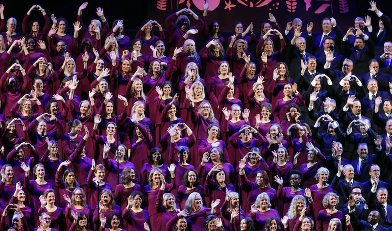 Tabernacle Choir members wave goodbye to the audience following a performance of the "Songs of Hope" tour concert by The Tabernacle Choir and Orchestra at Temple Square at Ginasio do Ibirapuera in São Paulo, Brazil, Friday, Feb. 27, 2026.