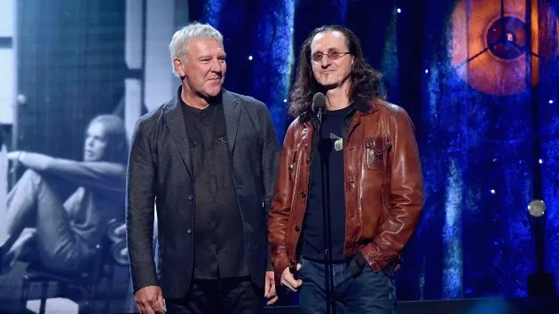 Presenters Alex Lifeson and Geddy Lee of Rush speak onstage at the 32nd Annual Rock & Roll Hall Of Fame Induction Ceremony at Barclays Center on April 7, 2017 in New York City. (Photo by Mike Coppola/Getty Images)