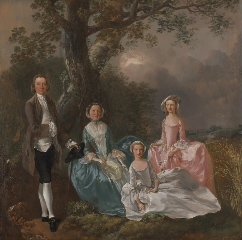 Family portrait with four people in 18th-century attire under a tree, with scenic backdrop and dramatic sky.