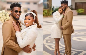 Nigerian celebrity fashion designer, Veekee James and her husband, Femi