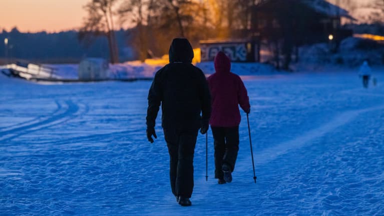 Two dark figures seen from the back walking on snow-covered ice at dusk with trees and an old wooden house in the background.