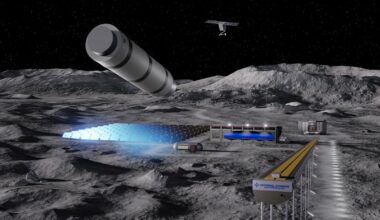 a white cylindrical object launches from a long, railroad-track-like structure on the surface of the moon