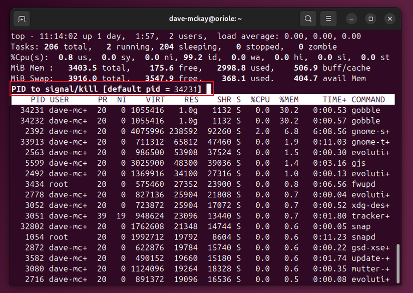 The top program waiting for the user to enter the process ID of the process they wish to kill. It is offering the process ID of the top-most process in the process table as the default value.