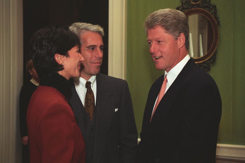 Then-President Clinton is pictured with Jeffrey Epstein and Ghislaine Maxwell at a reception for “The Donors to the White House Restoration Project of 1993.