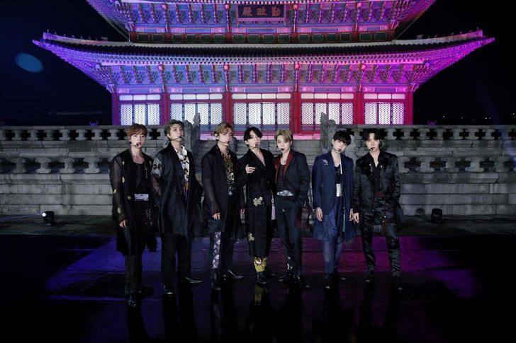 BTS poses in front of Geunjeongjeon Hall of Gyeongbok Palace in Seoul, where the band filmed a performance for the 'BTS Week' special on NBC's 'The Tonight Show Starring Jimmy Fallon' in this 2020 file photo. Courtesy of BigHit Music  