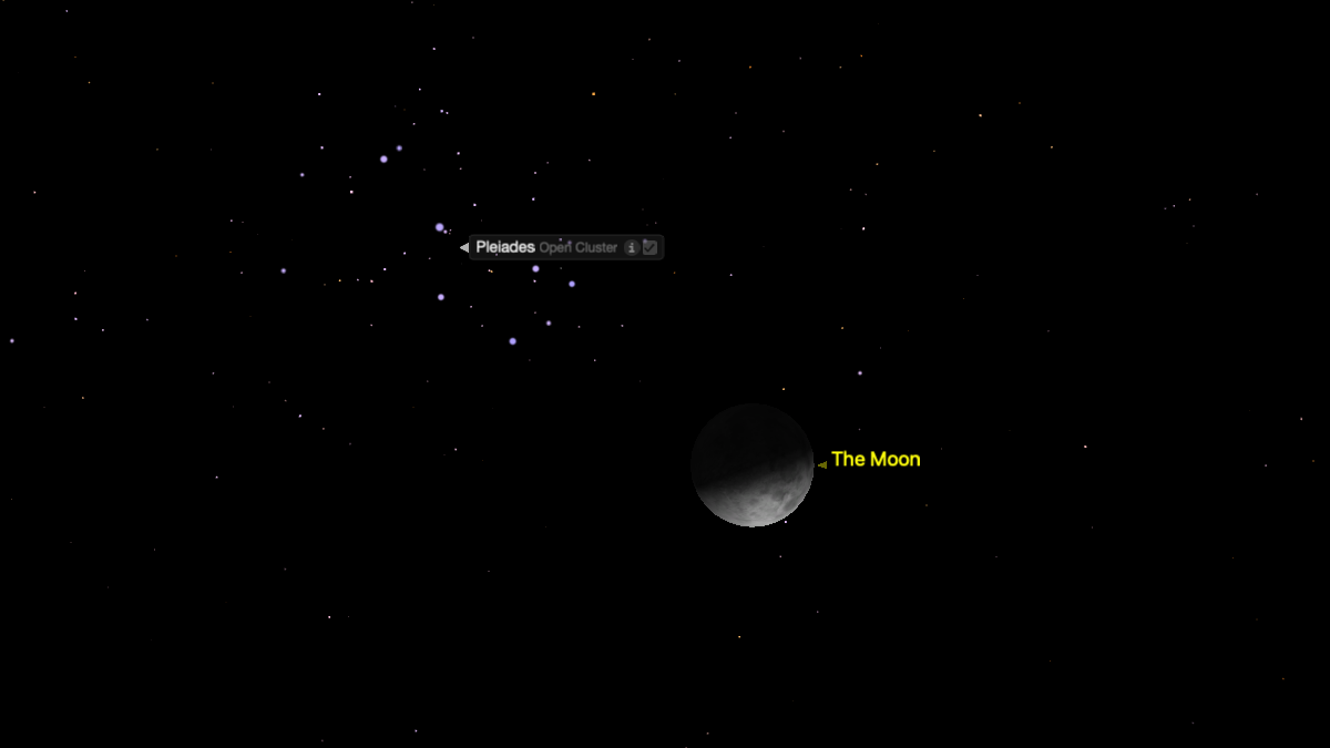 graphic illustration showing the moon shining to the lower right of the Pleiades star cluster.