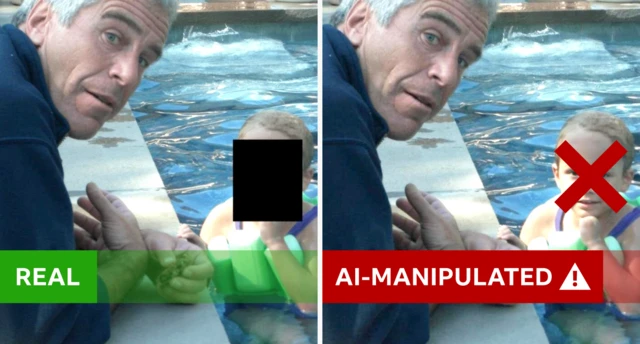 A comparison of two images. The real image shows Epstein next to a swimming pool and a child with a large black rectangle of their face is next to him in the pool, an AI maniupuilated version has attempted to put a face to the child and this has been marked by the BBC as with a large red cross.