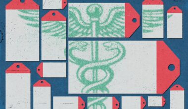 An illustration showing price tags of various sizes, with a partial caduceus symbol across them.