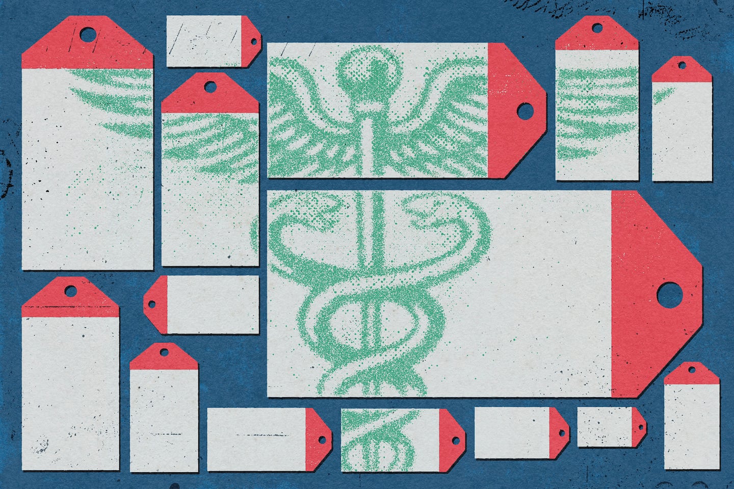 An illustration showing price tags of various sizes, with a partial caduceus symbol across them.