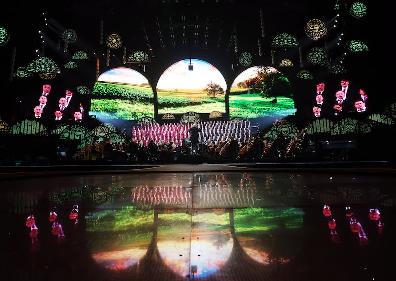 The immaculate stage is shown as a reflection in the tile during a rehearsal of the "Songs of Hope" tour concert by The Tabernacle Choir and Orchestra at Temple Square at Ginasio do Ibirapuera in São Paulo, Brazil, Thursday, Feb. 26, 2026.
