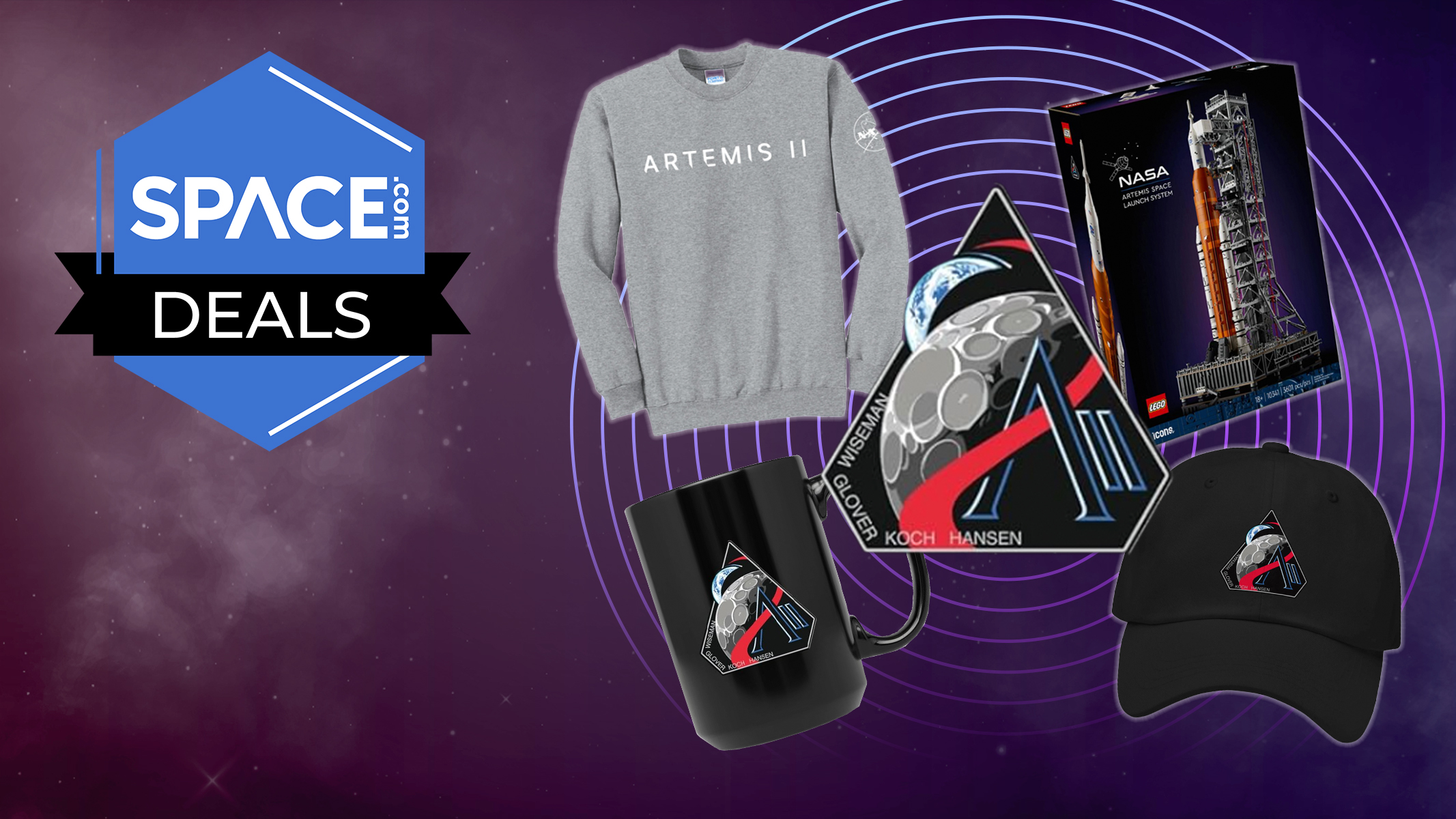 A selection of Artemis 2 products on a purple galaxy background with a Space.com deals badge