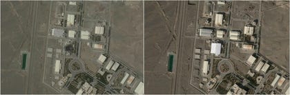 Satellite images show a previously destroyed building (left), and a new roof over it (right), at Natanz nuclear site, Iran June 2025, and last Friday.