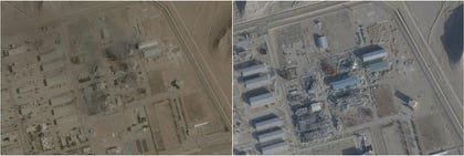 Satellite images shows previously destroyed buildings (left) and a new roof over one destroyed building (right) at Isfahan nuclear site, Iran, June 2025, and Sunday.