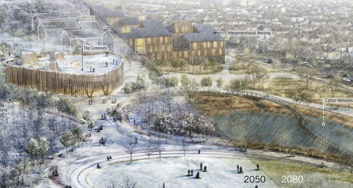 Render from the competition-winning entry by LTL Architects, Nelson Byrd Woltz Landscape Architects, Derive Engineers, faculty liaisons Kristine Stiphany and Nick Bruscia, and student assistants Berkan Sari, Gennaro Rovello, Allison Lavis, and Shruti Kunadia. Image courtesy of the University at...