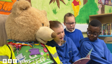 A very large cuddly beige-furred bear is wearing a yellow high visibility vest and is sitting on the sign at the Royal Mail's Launceston Delivery Office. Behind it is a wire fence with hedge plants weaving through it. On the fence is a slightly overgrown red and white sign reading: "No access for unauthorised personnel."