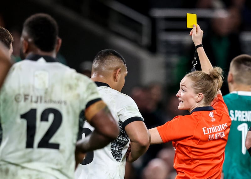 Hollie Davidson giving Fiji's Setareki Turagacoke a yellow card during their Autumn Series game against Ireland in 2024. Photograph: Ben Brady/INPHO