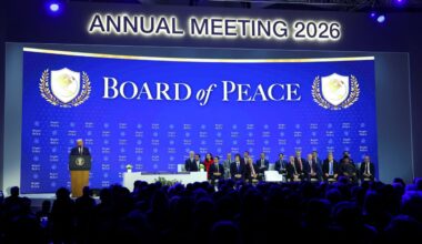 World leaders gather during a charter announcement for US President Donald Trump's Board of Peace, in Davos, Switzerland, January 22, 2026