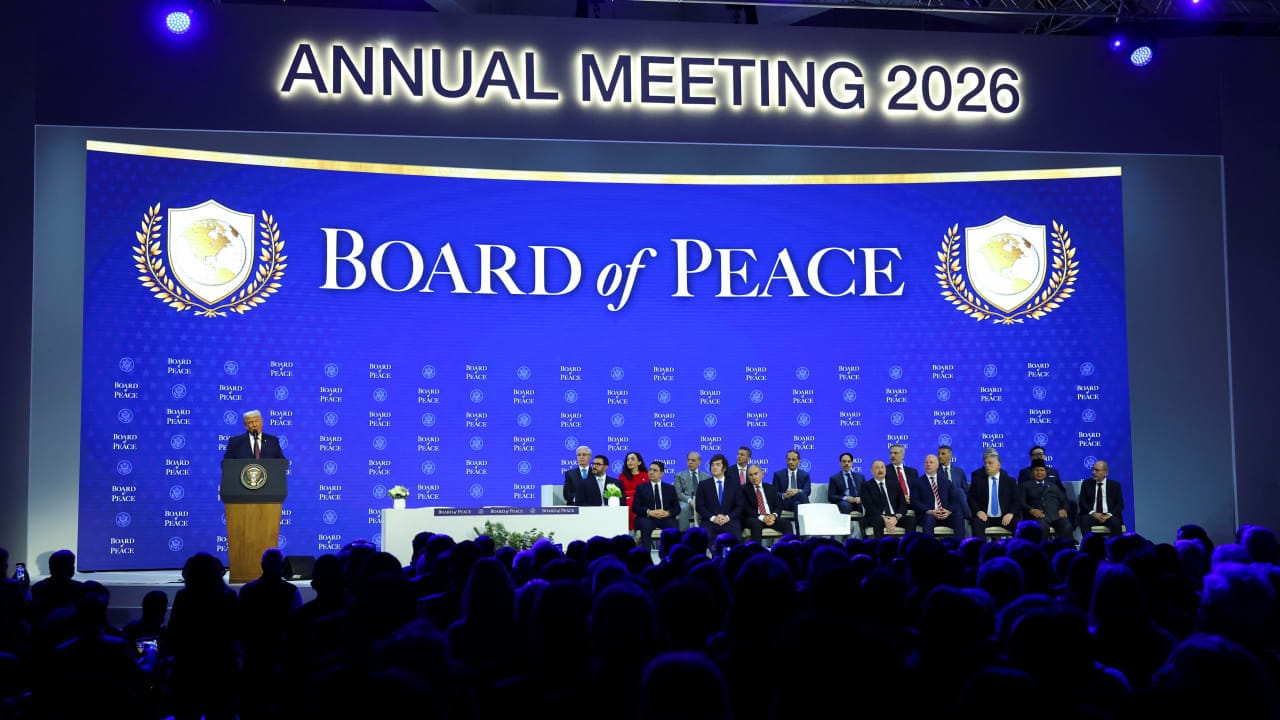World leaders gather during a charter announcement for US President Donald Trump's Board of Peace, in Davos, Switzerland, January 22, 2026