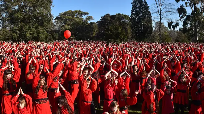 Kate Bush fans perform a dance during a celebration to mark 'The Most Wuthering Heights Day Ever