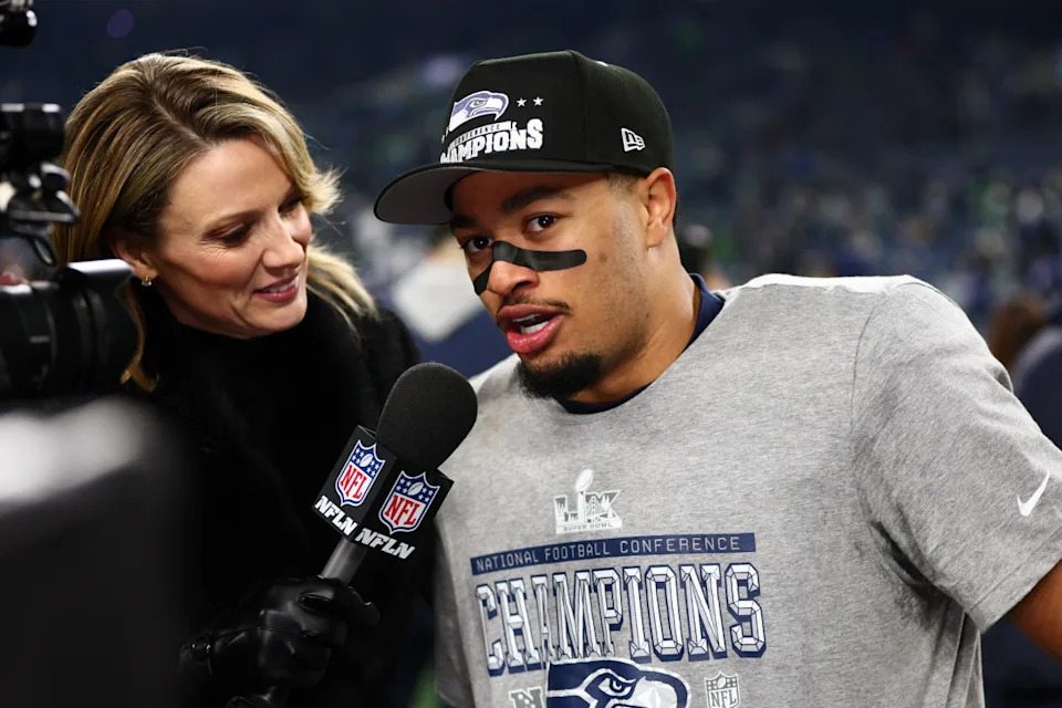 Jan 25, 2026; Seattle, WA, USA; Seattle Seahawks wide receiver Jaxon Smith-Njigba (11) is interviewed after defeating the Los Angeles Rams in the 2026 NFC Championship Game at Lumen Field. Mandatory Credit: Kevin Ng-Imagn Images© Kevin Ng-Imagn Images