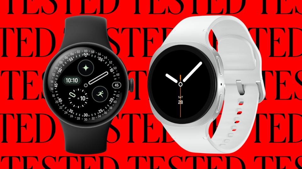 Two smartwatches against a black and red background.