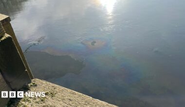 A river looks like it has a thin layer of material on the top which has caused the water to turn different colours.