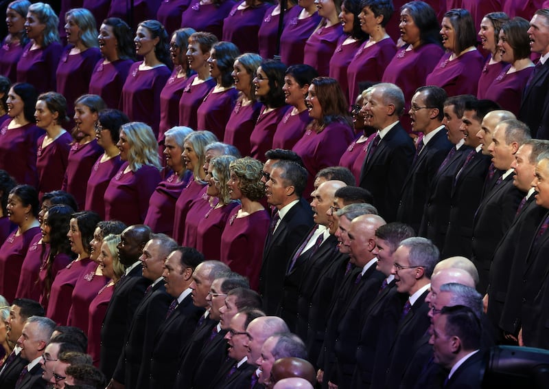 The Tabernacle Choir and Orchestra at Temple Square, under the direction of Mack Wilberg and Ryan Murphy perform during the "Songs of Hope" tour concert at Ginasio do Ibirapuera in São Paulo, Brazil, Friday, Feb. 27, 2026.