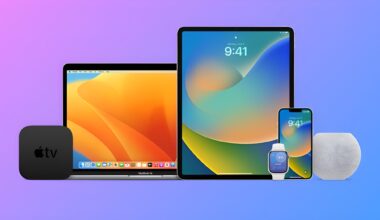 A lineup of Apple products including a MacBook Air, iPad, iPhone, Apple Watch, Apple TV, and HomePod Mini displayed against a gradient background.