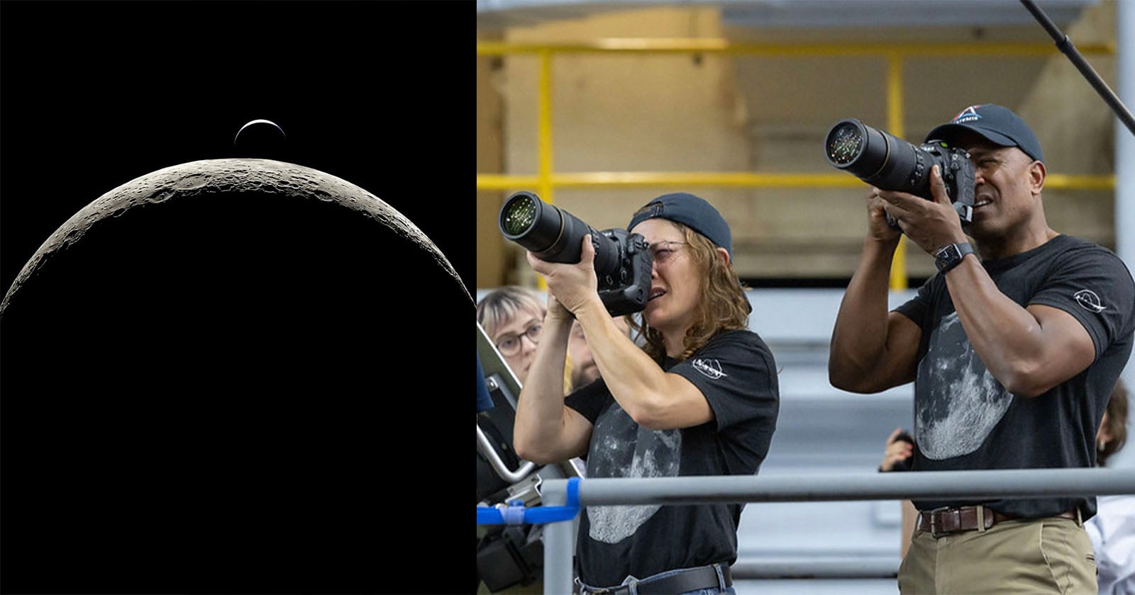 A split image: on the left, a crescent moon with a smaller celestial body above it; on the right, two people with cameras and moon-themed shirts photographing something off-frame indoors.