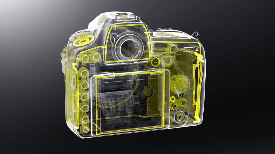 Transparent Nikon D850 camera illustration on a dark background, highlighting internal components with bright yellow outlines