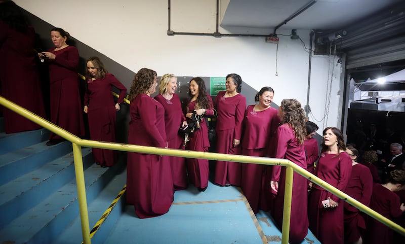 Tabernacle Choir at Temple Square members wait backstage prior to their entrance during the "Songs of Hope" tour concert by The Tabernacle Choir and Orchestra at Temple Square at Ginasio do Ibirapuera in São Paulo, Brazil, Friday, Feb. 27, 2026.