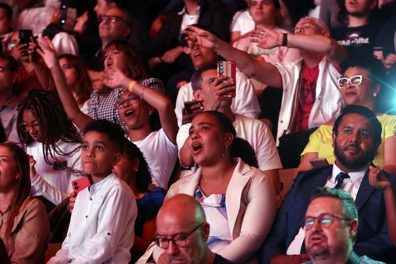 The crowds cheer and sing along the songs with world-renowned vocalist Ivete Sangalo during the "Songs of Hope" tour concert by The Tabernacle Choir and Orchestra at Temple Square at Ginasio do Ibirapuera in São Paulo, Brazil, Friday, Feb. 27, 2026.