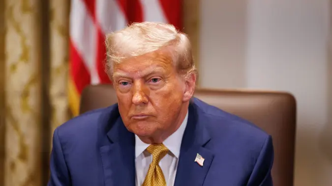 United States President Donald J Trump participates in a Cabinet Meeting in the Cabinet Room of the White House in Washington, DC, US, on Tuesday, July 8, 2025.