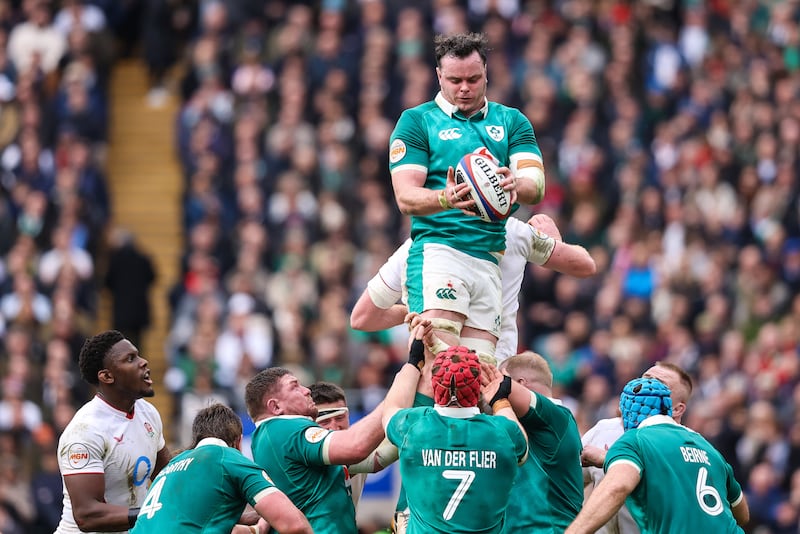 Ireland's James Ryan receives the ball from a lineout at Twickenham. Photograph: Ben Brady/INPHO