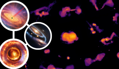 An image showing blobs of yellow and purple light with insets of illustrations showing what these blobs could represent.