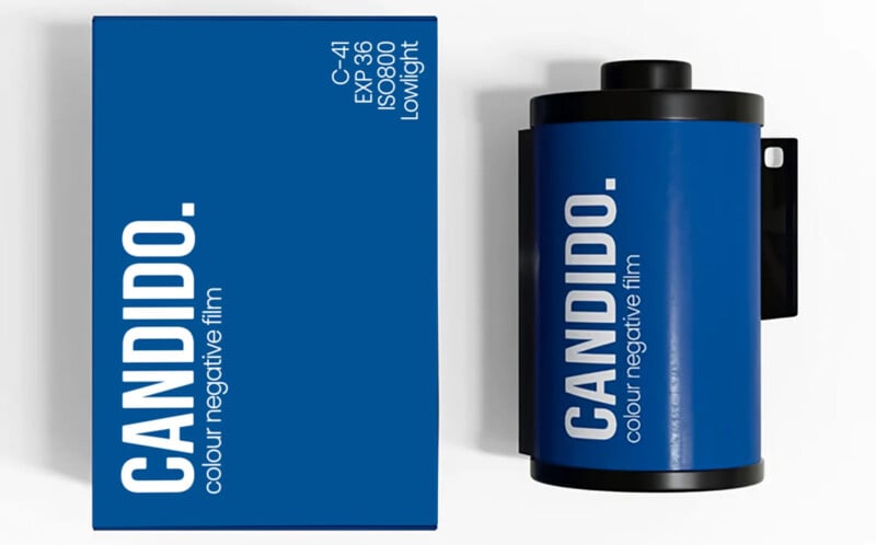 A blue box and film canister labeled "CANDIDO. colour negative film" with white text. Additional info on the box reads: "C-41, EXP 36, ISO 800, Lowlight." The canister stands upright beside the box.