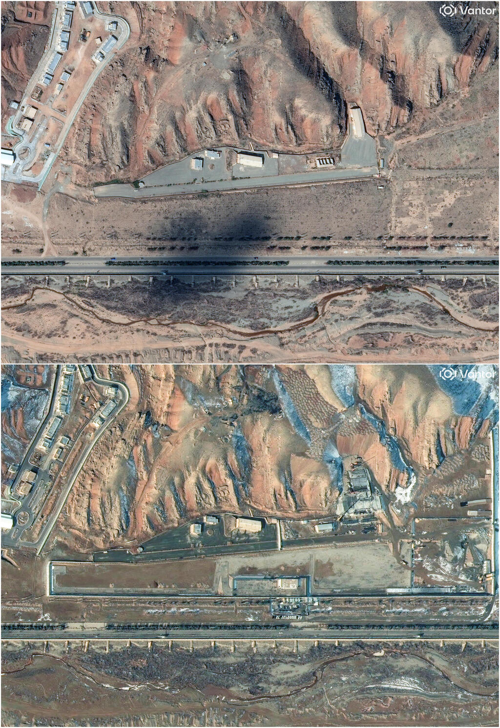 A combination picture of satellite images show the Parchin military complex before the Israeli strikes of October, 2024, in Parchin, Iran in this handout image dated October 20, 2024, (top), and concrete over the site at the Parchin military complex, in Parchin, Iran in this handout image dated January, 24, 2026, (bottom) 