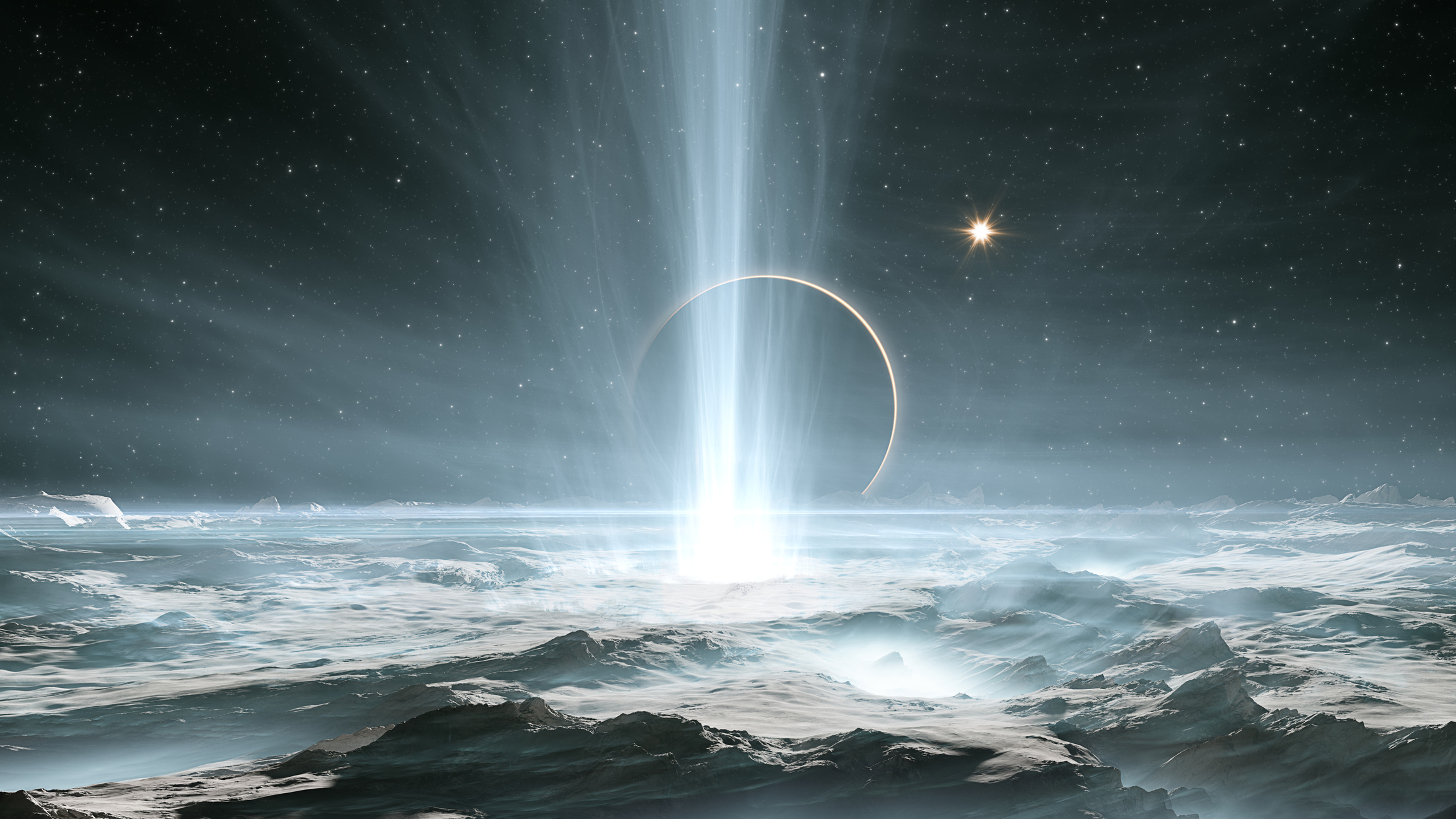 artist's impression of the surface of icy europa, with a large geyser in the center of the image.