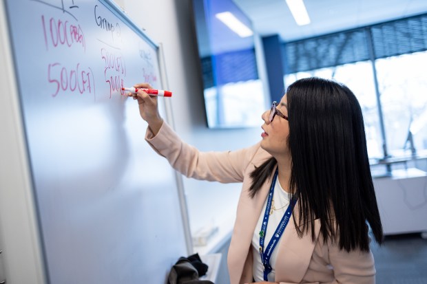 Marisol Lagunas teaches a first-year pathophysiology class at Chamberlain University, Feb. 4, 2026, in Chicago. Adtalem Global Education is changing its name to Covista, which has five health care-focused institutions, including Chamberlain University. (Josh Boland/Chicago Tribune)