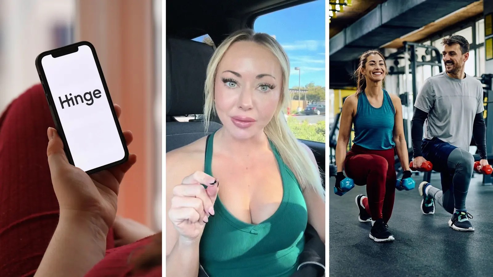hinge app (l) woman shares dating experience (c) woman and man on a gym date (r)