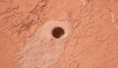 Pinkish flat rock with many small bumps on it. A deep drill hole is in the middle, with gray powder spilled out around it.