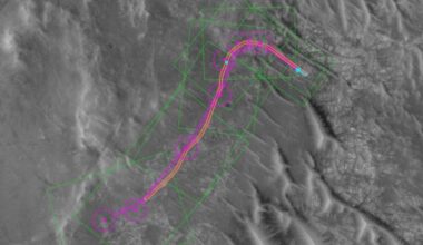 This annotated orbital image shows Perseverance's route during its second day of autonomous driving on Dec. 10th, 2025. The magenta line shows the AI-planned route and the orange line shows the actual route. Image Credit: NASA/JPL-Caltech/UofA