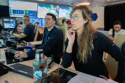 The expedition's chief scientist, María Emilia Bravo, in the control room of the Falkor vessel