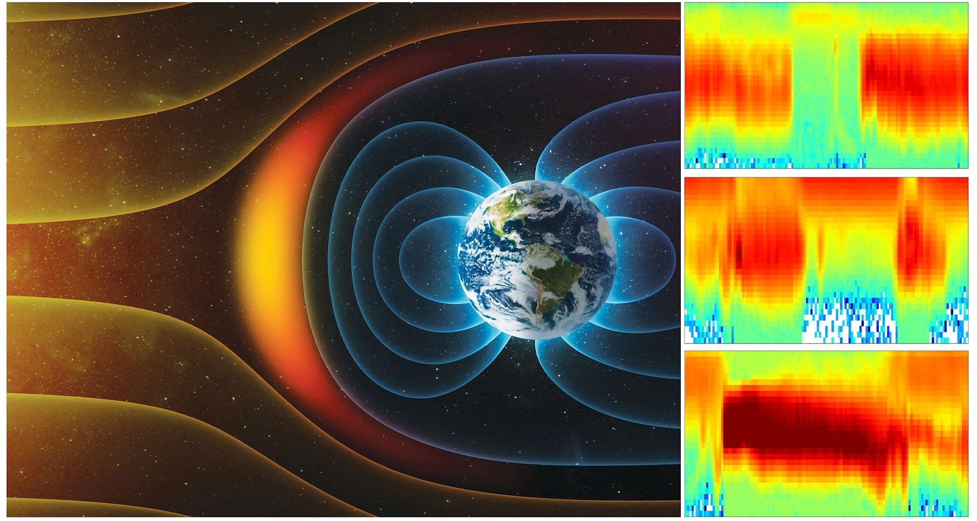 An artist’s drawing of Earth’s magnetic field (blue lines) interacting with the Sun’s charged particles (yellow lines). The Earth’s magnetosphere (orange crescent) is created by Earth’s magnetic field. Credit: NASA/JHUAPL