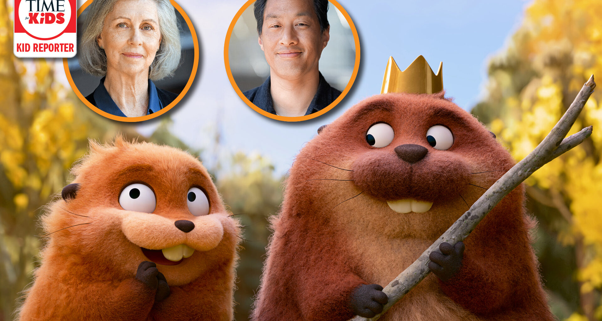 Two animated furry characters stand outdoors, one wearing a crown and holding a stick, with two small portrait photos above them and a TIME for Kids Kid Reporter badge in the corner.