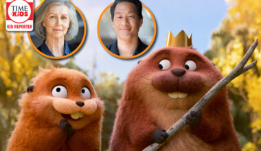 Two animated furry characters stand outdoors, one wearing a crown and holding a stick, with two small portrait photos above them and a TIME for Kids Kid Reporter badge in the corner.